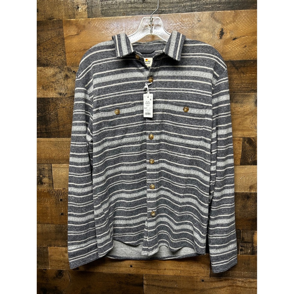 Marine Layer Pacifica Stretch Twill Shirt Navy Grey Baja Stripe Long Sleeve Smal